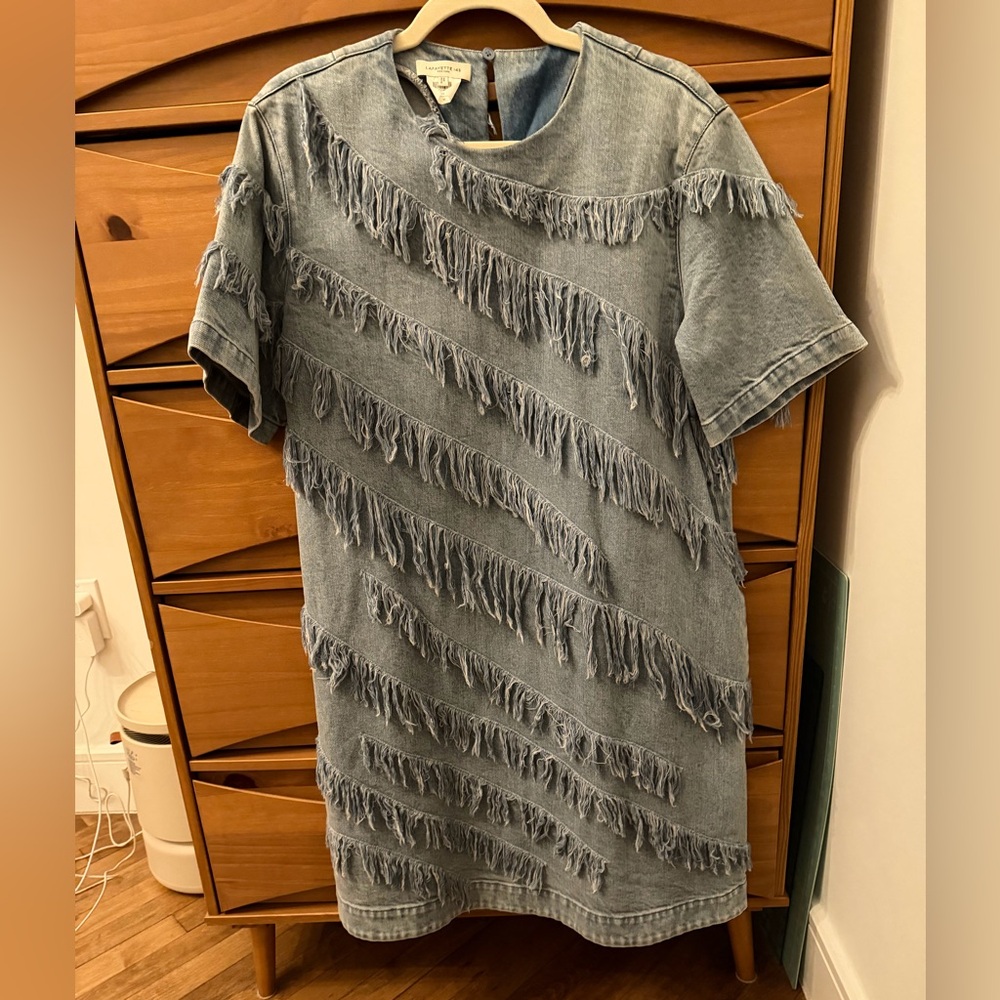 Lafayette 148 fringe denim dress. Light wash. Size medium